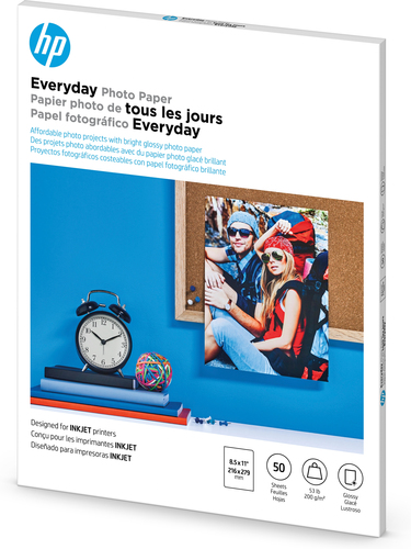 Miniatura 4 de Papel Fotografico HP Everyday Photo Paper, Glossy, 52 lb, 8.5 x 11 in. (216 x 279 mm), 50 sheets, Funciona con impresoras de inyección de tinta, optimizadas para tinta original HP, 15 - 30 °C, 5 - 30 °C, 20 - 80%, 238.1 mm, 14.3 mm