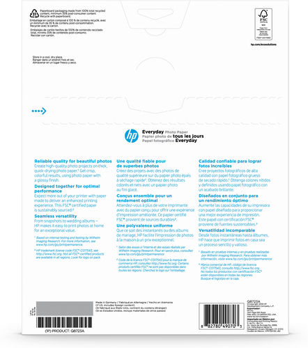 Miniatura 3 de Papel Fotografico HP Everyday Photo Paper, Glossy, 52 lb, 8.5 x 11 in. (216 x 279 mm), 50 sheets, Funciona con impresoras de inyección de tinta, optimizadas para tinta original HP, 15 - 30 °C, 5 - 30 °C, 20 - 80%, 238.1 mm, 14.3 mm