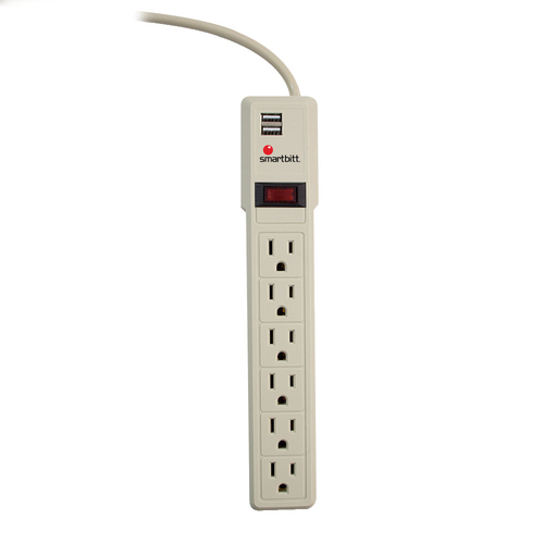 Barra de contactos Smartbitt SBSS-550J6USB 120 V, 0.3 m, 6 salidas AC, NEMA 5-15R, Marfil