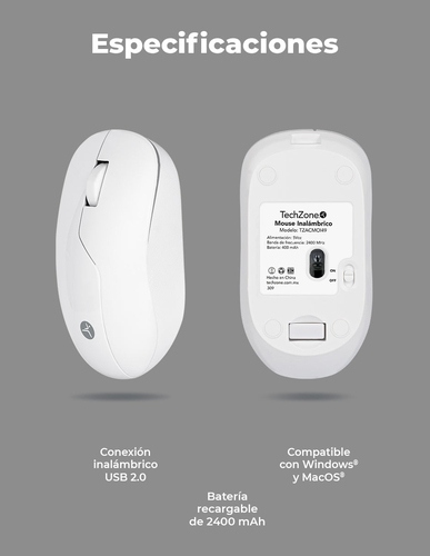 Miniatura 4 de Mouse TechZone TZACMOI49 3 Botones, 1200 DPI, RF inalámbrico, 10 m, Blanco