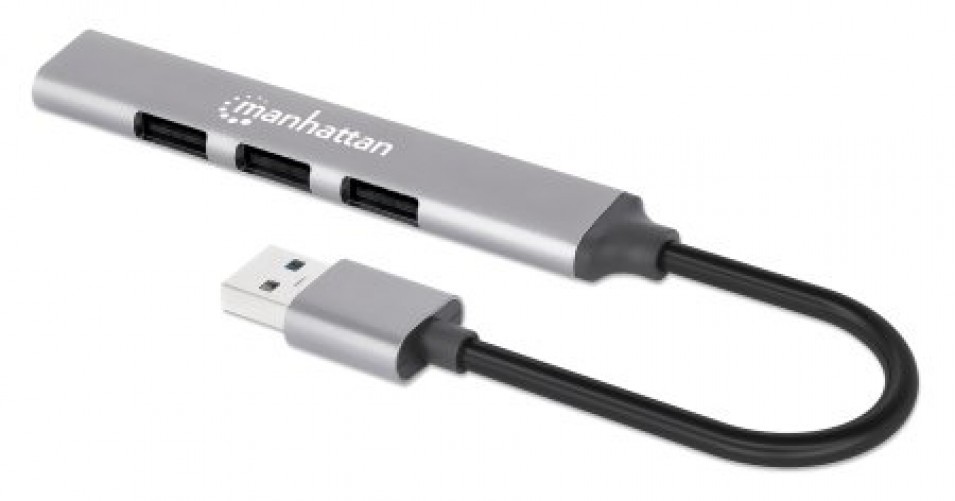 HUB Manhattan 168427 Interfaz USB 3.2 Gen 1 (3.1 Gen 1) Type-A, 1 USB A 3.1, Aluminio, Cantidad de puertos 4, Longitud de cable 0.18 m, Velocidad 5000 Mbit/s, Color Gris