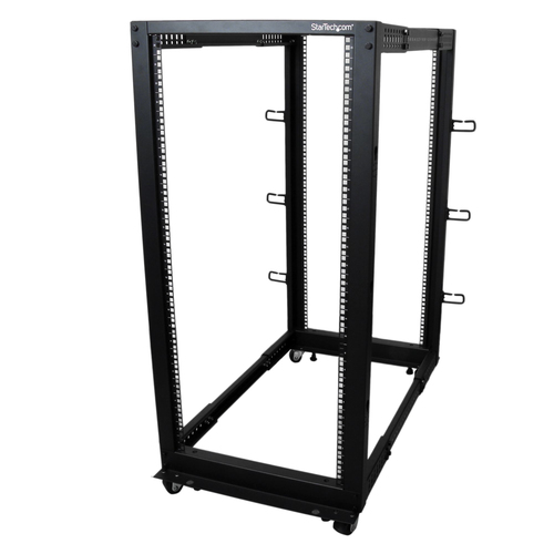 Rack StarTech.com Tipo Rack o bastidor independiente, Capacidad del rack 25U, 4 postes, Acero, Peso Max. 544.3 kg, Color Negro, Incluye tuercas Si