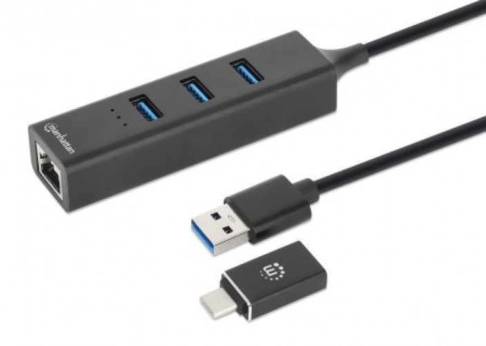 HUB Manhattan 180894 Interfaz USB 3.2 Gen 1 (3.1 Gen 1) Type-A + Type-C, 3 USB A 3.1, Aluminio, Cantidad de puertos 4, Longitud de cable 0.65 m, Velocidad 5000 Mbit/s, Color Negro