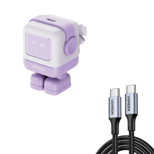 Cargador Mini GaNRobot 30W serie UNO | 1 USB-C de Carga Ra¡pida | Tecnologa­a GaN II | Multiprotocolo PD/QC/SCP/FCA | Carga Inteligente | Pantalla LED | Zapato Magna©tico Extraa­ble | Thermal Guard | Color Lila.