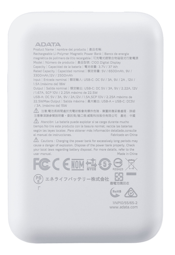 Miniatura 5 de Power Bank ADATA C100 10000 mAh, 3.7 V, Universal, USB, Blanco